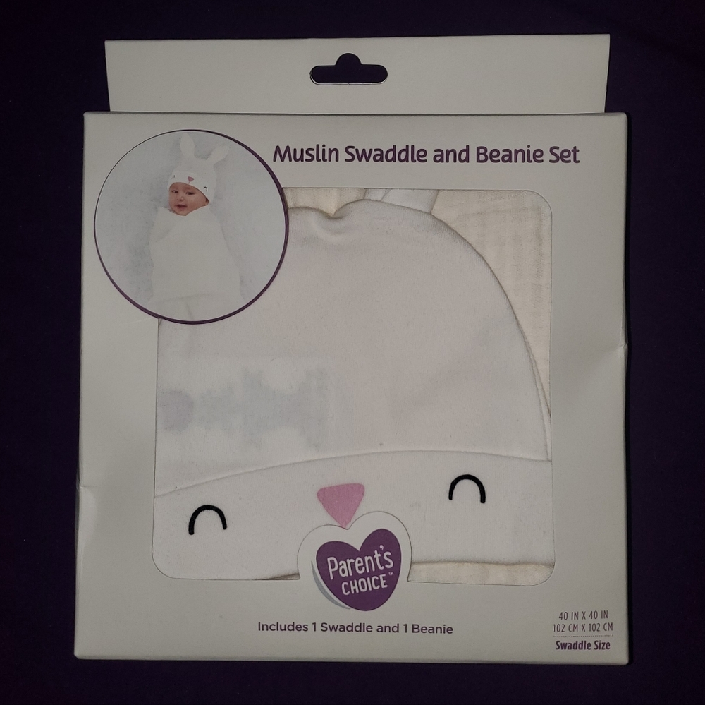 5 for $25 | NIB Parent's Choice Muslin Swaddle and Bunny Ears Beanie Set